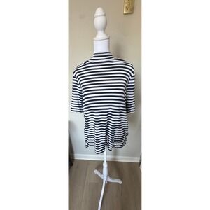 Navy Blue White Striped Mock Neck Short Sleeve Ribbed Knit Top Cotton Modal